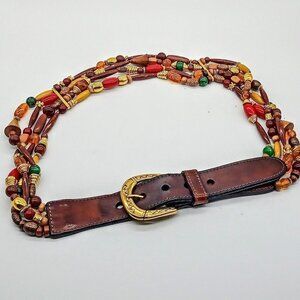 Italian Leather Multi-Strand Wood Stone Bead Belt